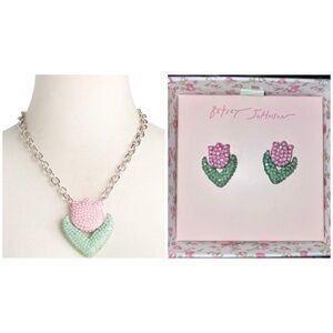 BETSEY JOHNSON SET Hop to It Spring Pavé Crystal Tulip Necklace & Earrings NWT